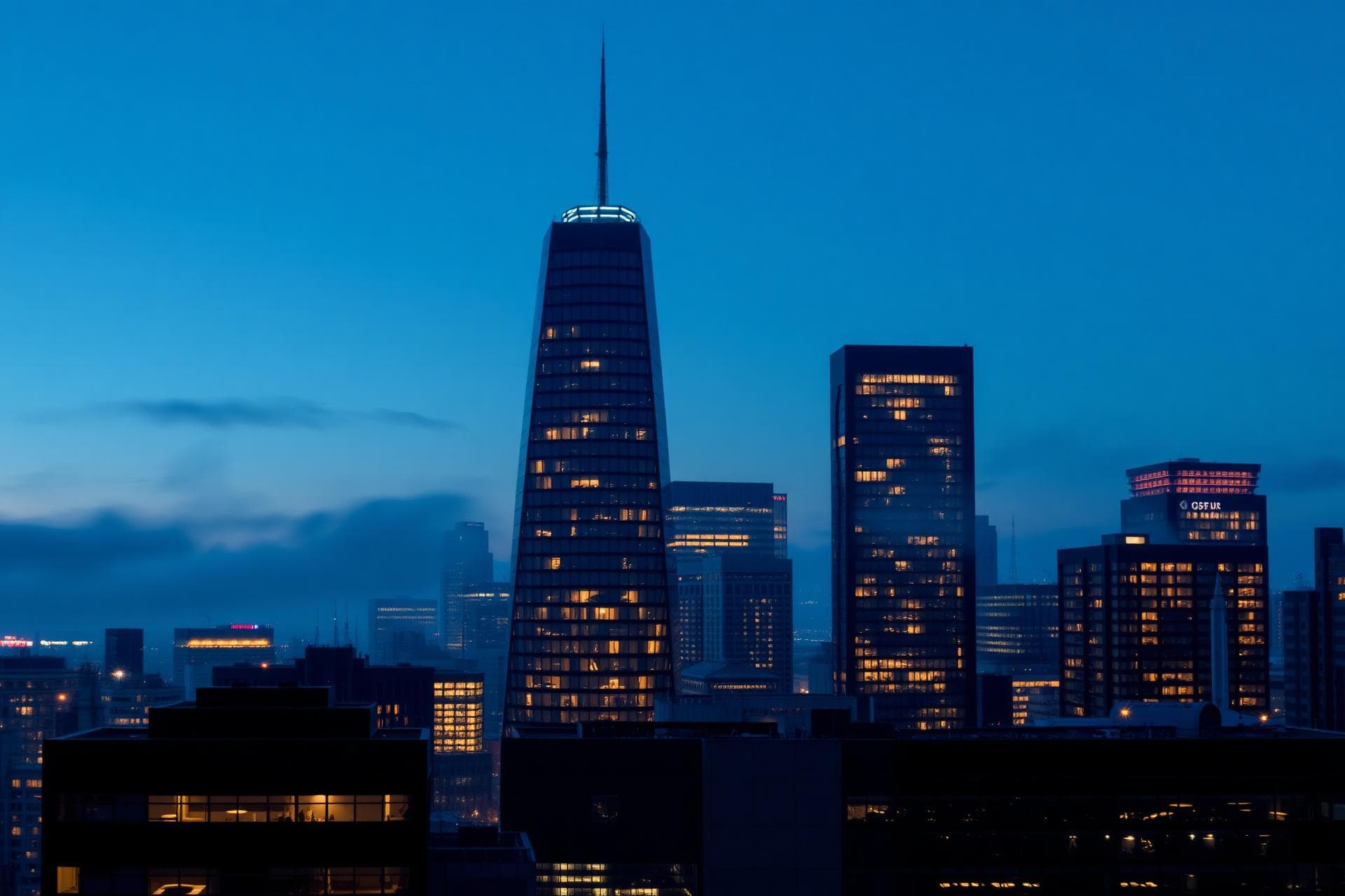 Financial district skyline at blue hour